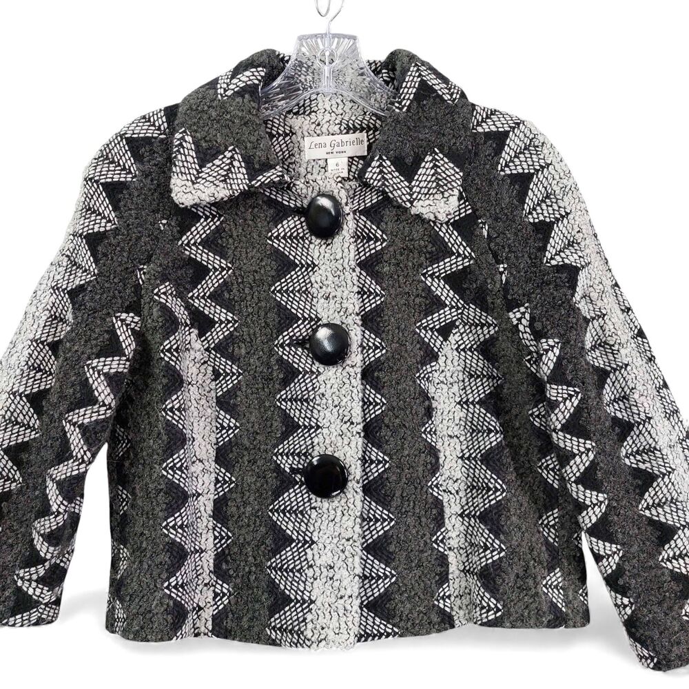 Lena Gabrielle New York Jacket Sz 6 Wool Blend Geometric Bouclé Button Front